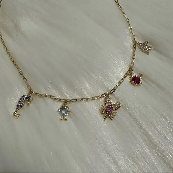 Gold Tone Charm Paperclip Necklace with Multicolor Ocean Accents - Picture 1 of 4